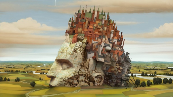 Town built on top of a head, by Jacek Yerka